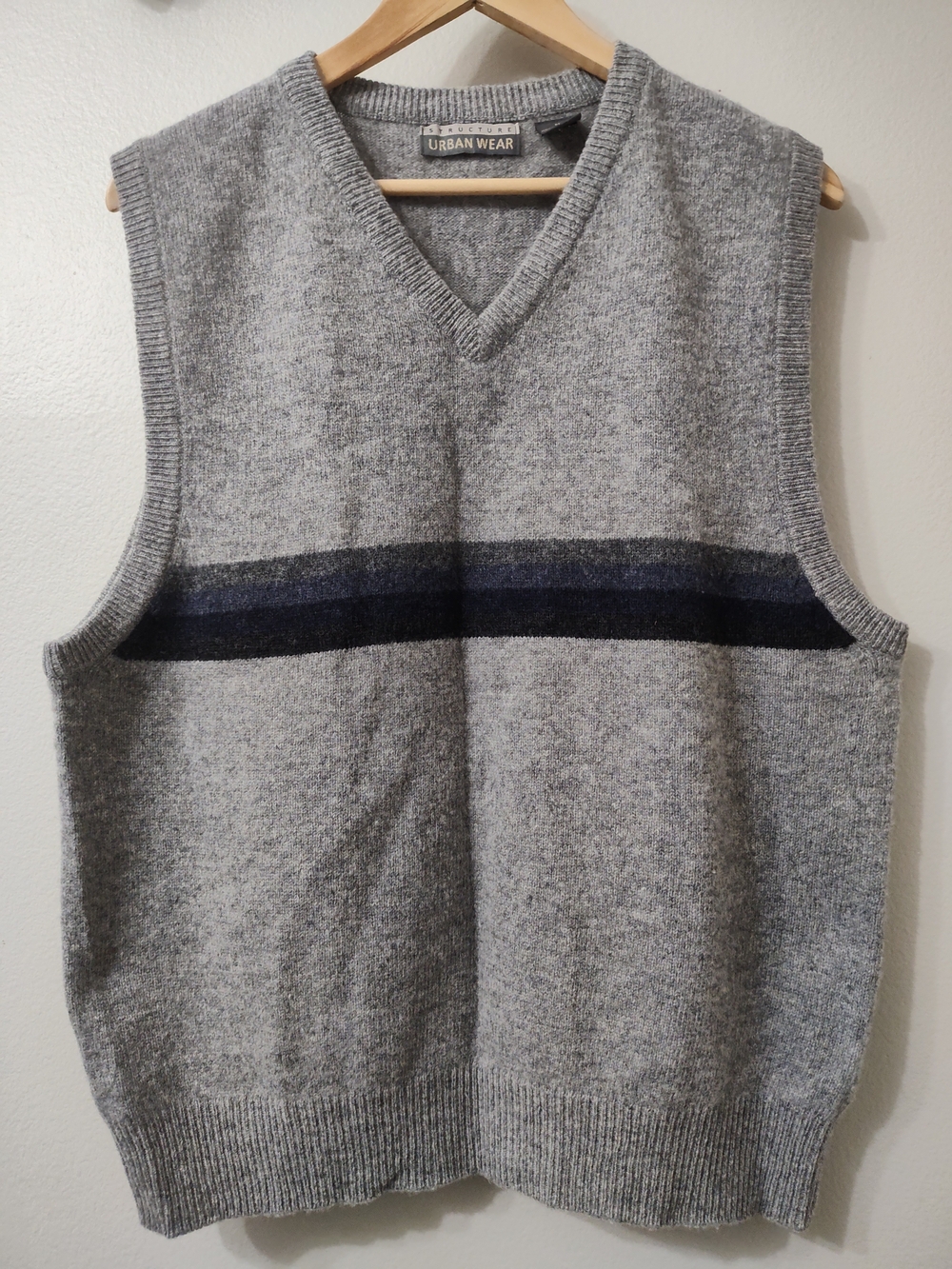 Structure Gray V-Neck Lambswool Sweater Vest w/ Navy Black Stripe Preppy Grandpa